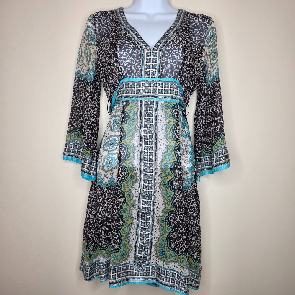 INC Silk Sheer Paisley Dress Sz 2 Bell‎ Sleeve Y2K Fairy Grunge Boho FLAW